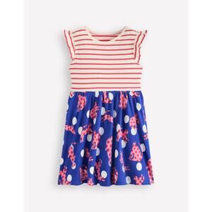 Boden Posie Frill Sleeve Dress Bright Blue Spotty Cats Size 7-8Y